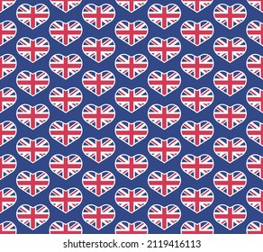 Union jack flag heart vector seamless pattern on blue background svg