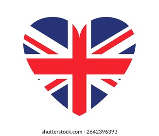Union Jack flag heart-shaped decor for design. United Kingdom symbols set flag for invitation, card, ticket, leaflet, banner, poster, web
