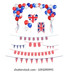 Union Jack flag and objects for design. United Kingdom symbols set flag, badge, emblem, rosett, balloons