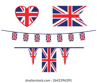 Union Jack flag and objects for design. United Kingdom symbols set flag, badge, emblem, heart-shaped for invitation, card, ticket, leaflet, banner, poster, web for invitation, card, ticket, leaflet