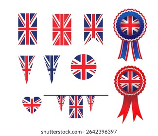 Union Jack flag and objects for design. Decorations symbols set. United Kingdom flag, badge, emblem, heart-shaped for invitation, card, ticket, leaflet, banner, poster, web