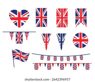 Union Jack flag and objects for design. Decorations symbols set. United Kingdom flag, badge, emblem, heart-shaped