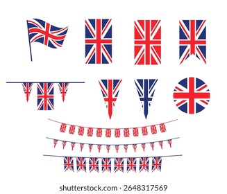 Union Jack flag and objects for design. Clipart symbols set. United Kingdom flag, badge, emblem for design invitations, greetings, leaflets, posters, advertising 