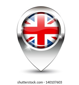 Union Jack flag on glossy map pin, against white background with shadow. EPS10 vector format.