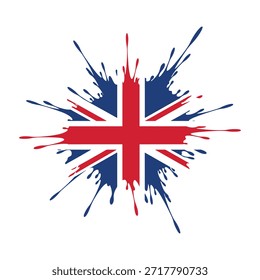 Union Jack flag with splatter paint effect in red and blue on white background United Kingdom