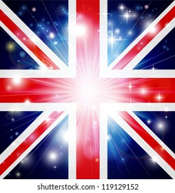 Union Jack flag of United Kingdom background with pyrotechnic or light burst and copy space in the centre