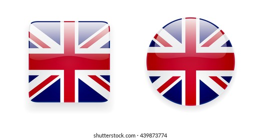 The Union Jack flag vector icon set. Glossy round icon and square icon with flag of the UK on white background.