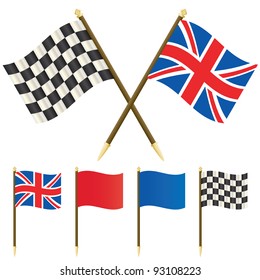 union jack flag and winners checkered flag isolated on white