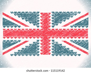 union jack hearts grunge flag, abstract vector art illustration