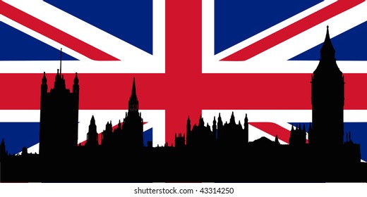 Union Jack with Houses of the Parliament silhouette on - isolated vector illustration