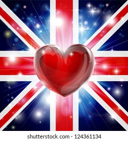 Union Jack patriotic background with pyrotechnic or light burst and love heart in the centre svg
