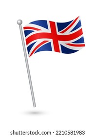 Union Jack, United Kingdom flag on pole waving in the wind vector illustration