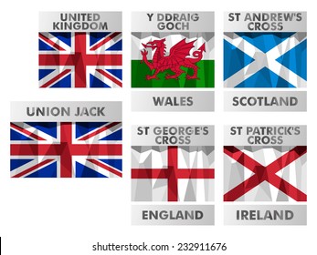 Union Jack, Wales, Scotland, England, Northern Ireland flags icons set in polygonal style