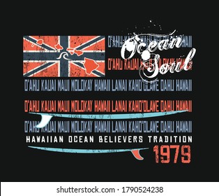 Union Jack with wave text and surfboards and elements depicting surfing. Vector illustration of banner 