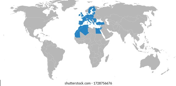 Union für die Mittelmeerländer auf der Weltkarte hervorgehoben. Unternehmenskonzepte, soziale, politische, wirtschaftliche, Handels-, Umwelt-, Verkehrsbeziehungen.