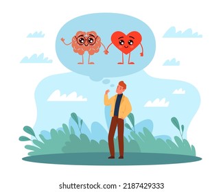 Union of mind and heart. Harmony and tranquility, psychological state, man with thinking bubble, feelings and logic in decision making. Common sense and emotions vector cartoon flat concept