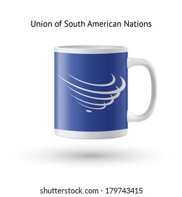 Union of South American Nations flag souvenir mug isolated on white background. Vector illustration.