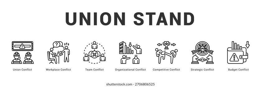 Union Stand Ilustración de Anuncio de Web moderno y limpio con íconos temáticos para la comunicación visual