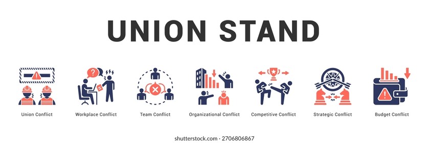 Union Stand Ilustración de Anuncio de Web moderno y limpio con íconos temáticos para la comunicación visual