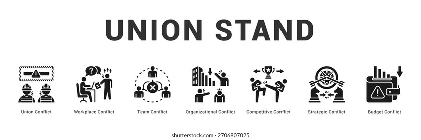 Union Stand Ilustración de Anuncio de Web moderno y limpio con íconos temáticos para la comunicación visual