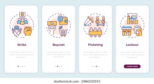 Union tactics onboarding mobile app screen. Employee protests. Walkthrough 4 steps editable graphic instructions with linear concepts. UI, UX, GUI template