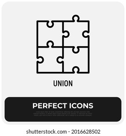 Union, teamwork, togetherness thin line icon. 4 pieces puzzle. Vector illustration.