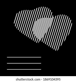Union of two striped heart over black background creates new shape. Tile or greeting card for Saint Valentine's Day with empty lines for text. Flat minimalism.