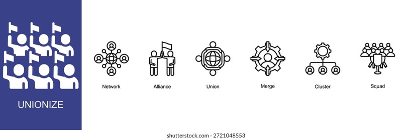 Unionize conjunto de iconos con 7 títulos de iconos colección


