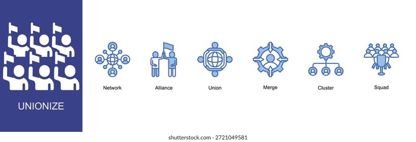 Unionize conjunto de iconos con 7 títulos de iconos colección


