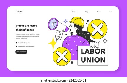 Los sindicatos están perdiendo su influencia en el banner web o en la página de inicio. Desempleo por debajo del 5 por ciento. Beneficios de la baja tasa de desempleo. Oferta laboral y acortamiento laboral. Ilustración vectorial plana