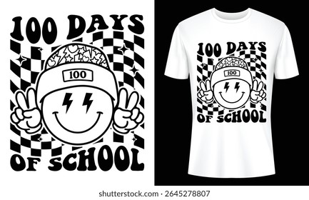 A unique 100 days of school t-shirt design perfect for kids. Features a retro smiley face graphic with peace signs and a checkered background. Great for celebrations.