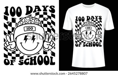 A unique 100 days of school t-shirt design perfect for kids. Features a retro smiley face graphic with peace signs and a checkered background. Great for celebrations.