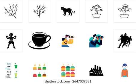 Unique 15-item set featuring a variety of illustrated elements including a panther, bonsai tree, boxer, designer tools, football, cocktail, and more, all arranged in a modern grid layout on a clean