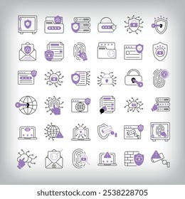 Conjunto exclusivo de ícones de conexão digital 36. Conjunto de tecnologias de segurança de dados e acesso pessoal.