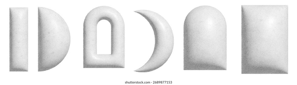 Unique 3D forms in halftone gradients, blending retro stipple style with modern depth.