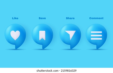 unique 3d icon like comment share save modern social isolated on vector with isolated on blue background.Trendy and modern vector in 3d style.