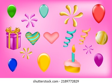 Unique 3D item consisting of gift box, balloons and ribbon isolated on pink background suitable for banner, label and background design.