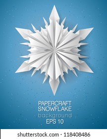 Unique 3D origami/paper folded snowflake card - vector illustration.