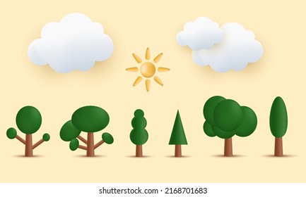 unique 3d set tree cloud and sun plant ecology bio natural design icon isolated on background.Trendy and modern vector in 3d style.