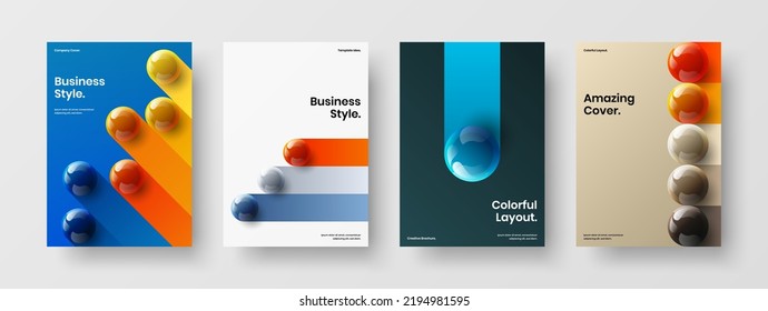 Unique 3D spheres corporate identity illustration set. Modern company brochure A4 vector design layout composition.