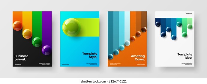 Unique 3D spheres pamphlet template bundle. Premium company brochure A4 design vector layout collection.