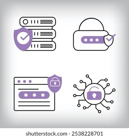 Unique 4-way lock, data filing and web page security icon set. Set of data security and personal access technologies.