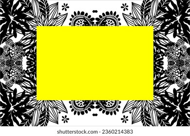 Diseño único de fondo abstracto en forma de plantas y flores, negro sobre fondo amarillo