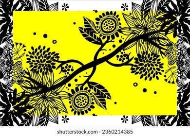 Diseño único de fondo abstracto en forma de plantas y flores, negro sobre fondo amarillo