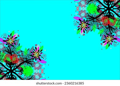 The unique abstract background design shaped like colorful plants and flowers looks beautiful on the turquoise green background