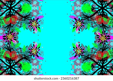 The unique abstract background design shaped like colorful plants and flowers looks beautiful on the turquoise green background