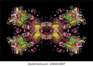 The unique abstract background design shaped like colorful plants and flowers looks beautiful on a black background