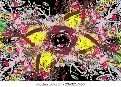 The unique abstract background design is shaped like plants and flowers, the colorful roots look beautiful on the black background