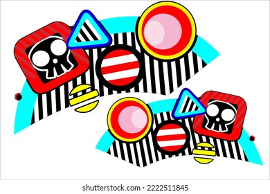 Unique abstract background vector design with a pattern of squares, rounds, triangles and lines, with a combination of red, blue, yellow, black colors.
