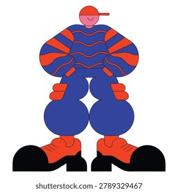A unique, abstract character illustration featuring exaggerated proportions and a playful color palette of blue, orange, and red.
